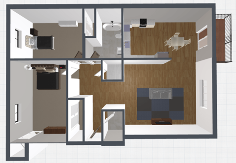 Floor plan for 2 beds, 1 bath, 977 sqft
